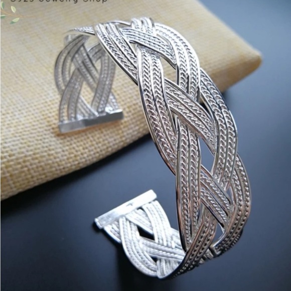 Braided Design Sterling Silver Bangle Cuff Bracelet Matching Ring Set - Picture 10 of 12
